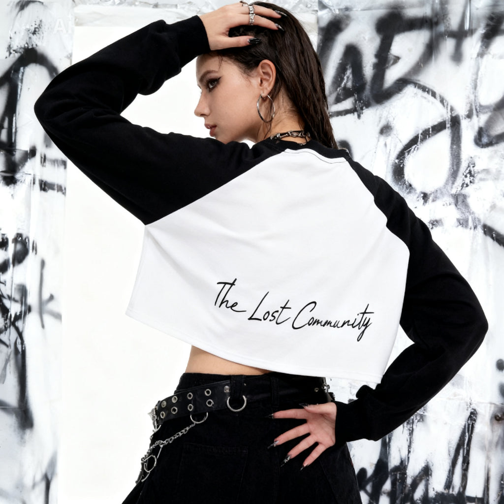 Raw-Hem Color-Block Raglan Crop Sweatshirt
