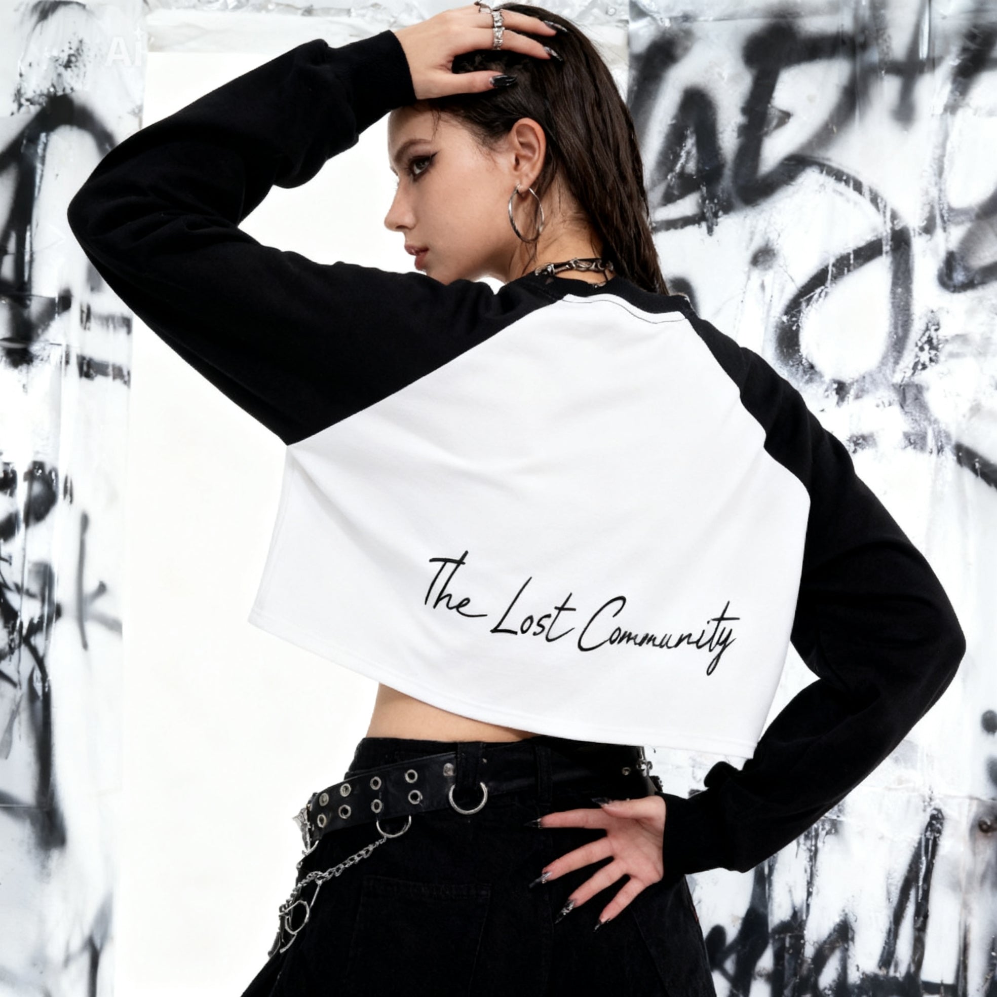 Raw-Hem Color-Block Raglan Crop Sweatshirt