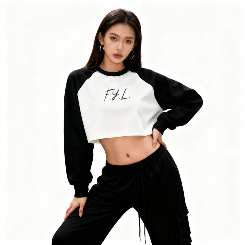 Raw-Hem Color-Block Raglan Crop Sweatshirt