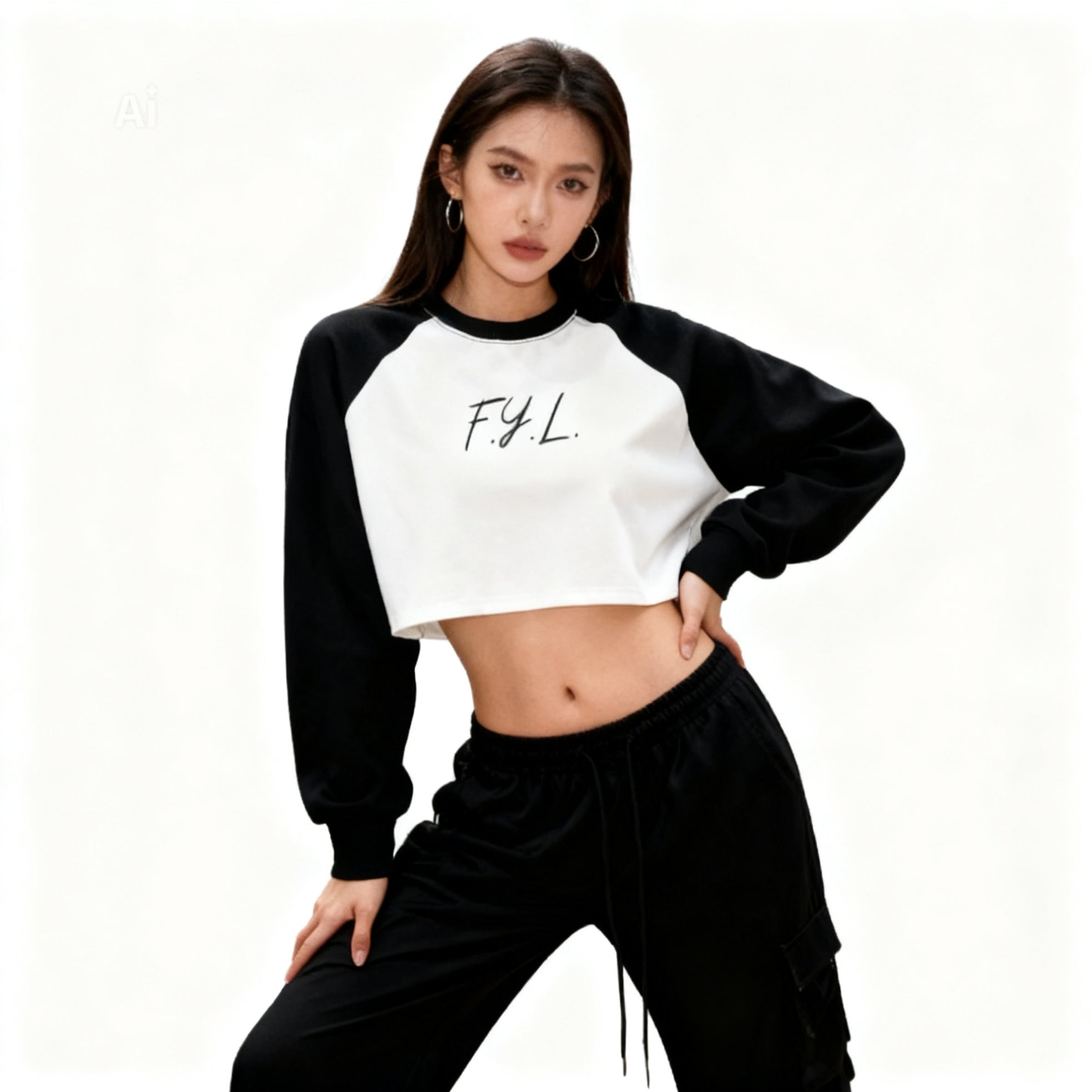 Raw-Hem Color-Block Raglan Crop Sweatshirt