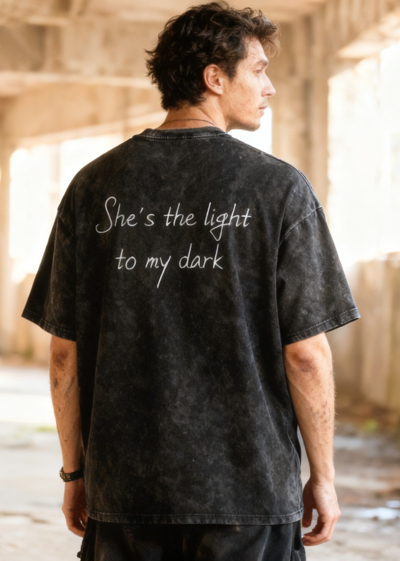 Snow Washed Oversized Cotton 'SHES THE LIGHT' T-Shirt